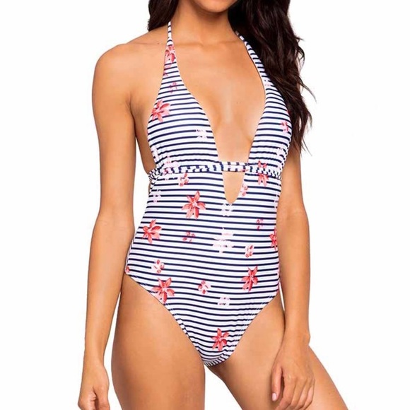 L Space Floral Bay Pamela Striped Halter Top One Piece Swimsuit Size 4 - Picture 8 of 8